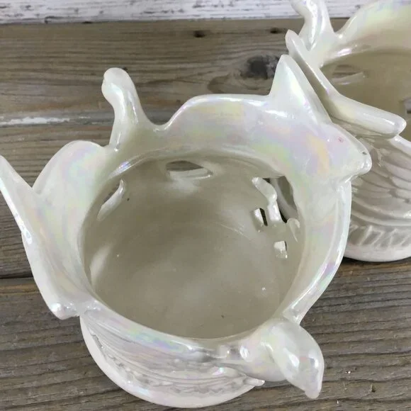 Set of 2 Ceramic Dove Bird & Star Votive Candle Holders Tall Pearl Iridescent - Picture 7 of 13
